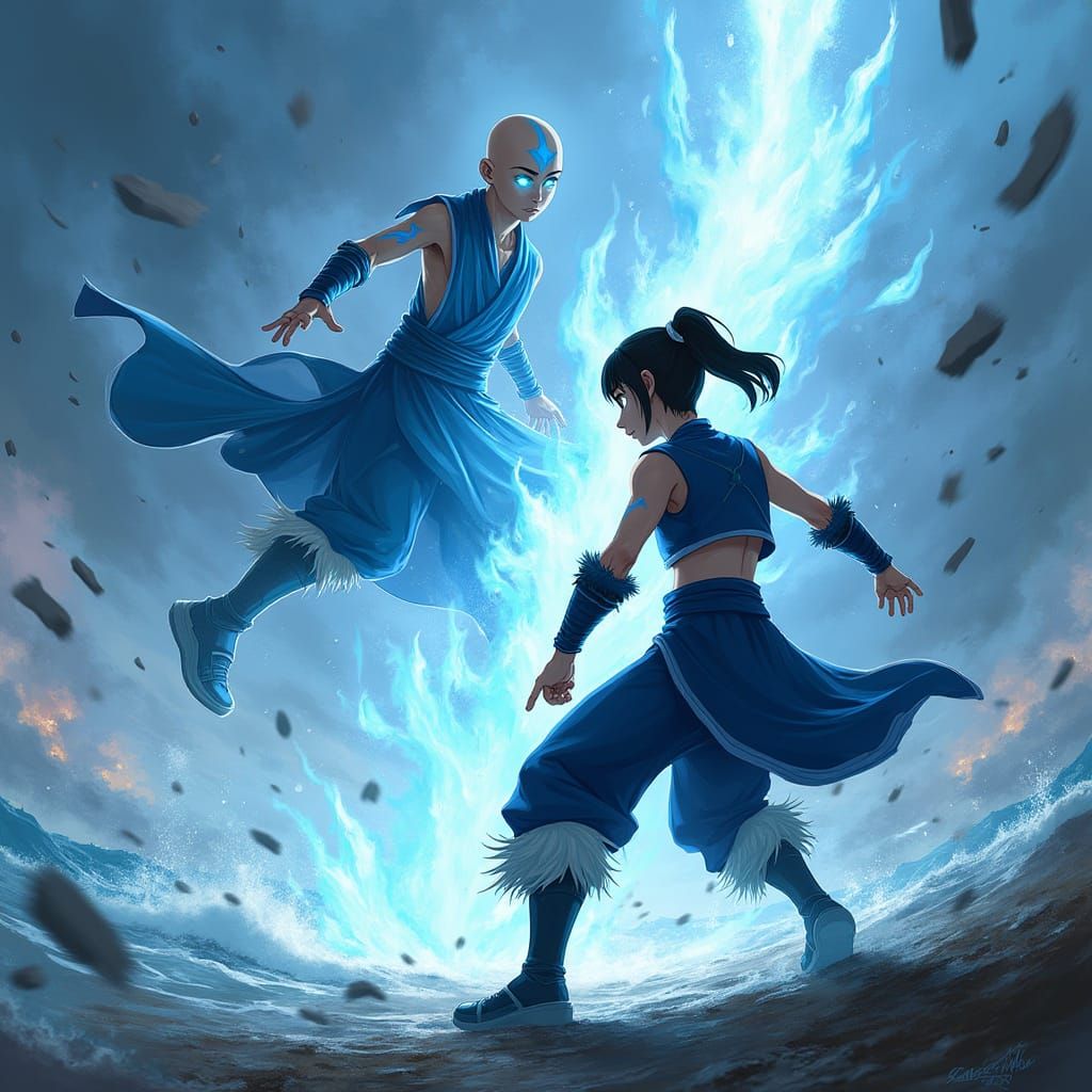 Avatar Aang Battles Korra in Epic Anime-Style Digital Painti...