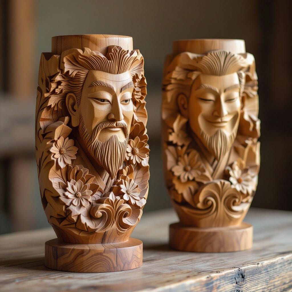 Intricately Carved Wooden Sculptures in Eclectic Style