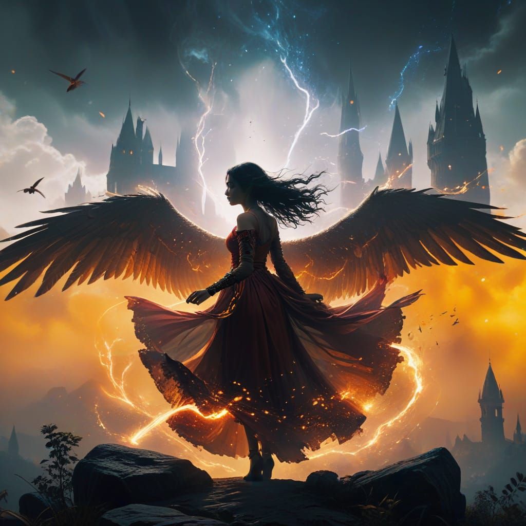 A girl conjures wings with swirling magic