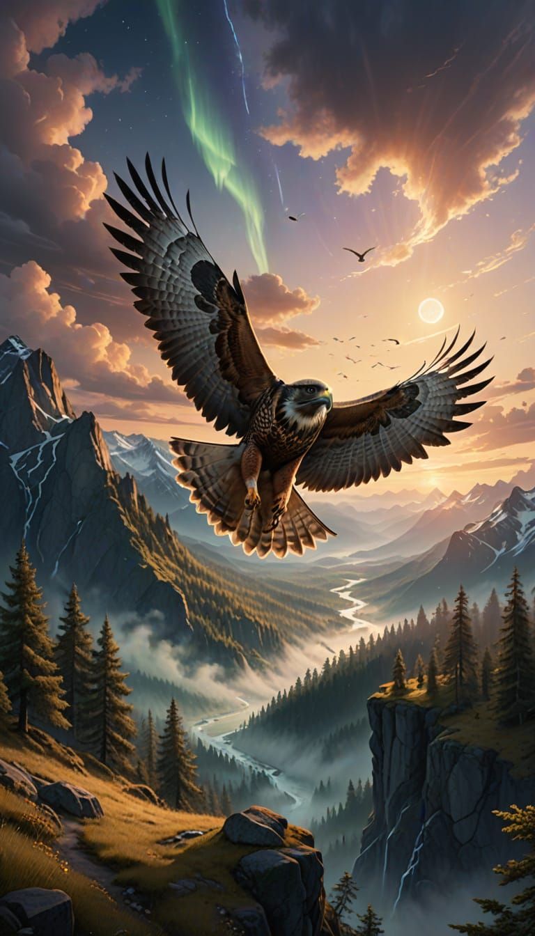 Ethereal Nordic Twilight: Falcon Soars Amidst Aurora Hues