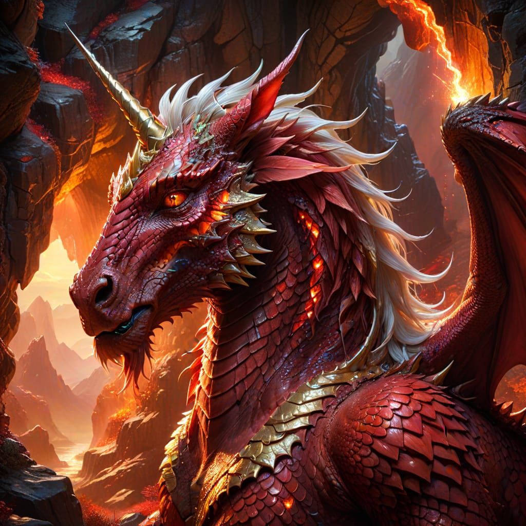 Red Dragon Cradles Unicorn: Fantasy Illustration