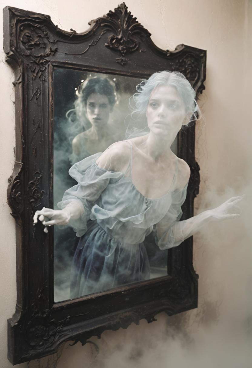 Ethereal Girl Emerges from Mirror in Cinematic Lighting