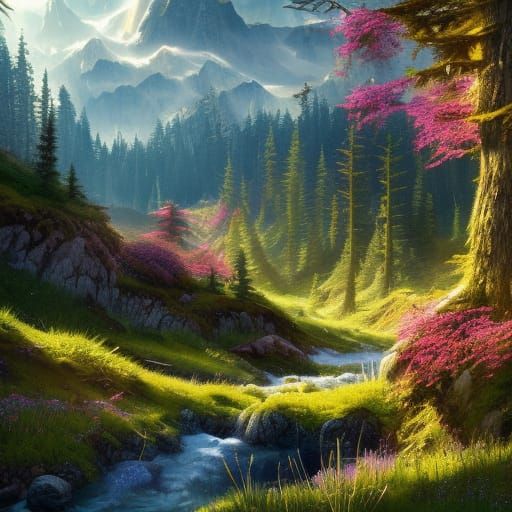 Colorful Gothic Valley Meadow in Spring Sunlight