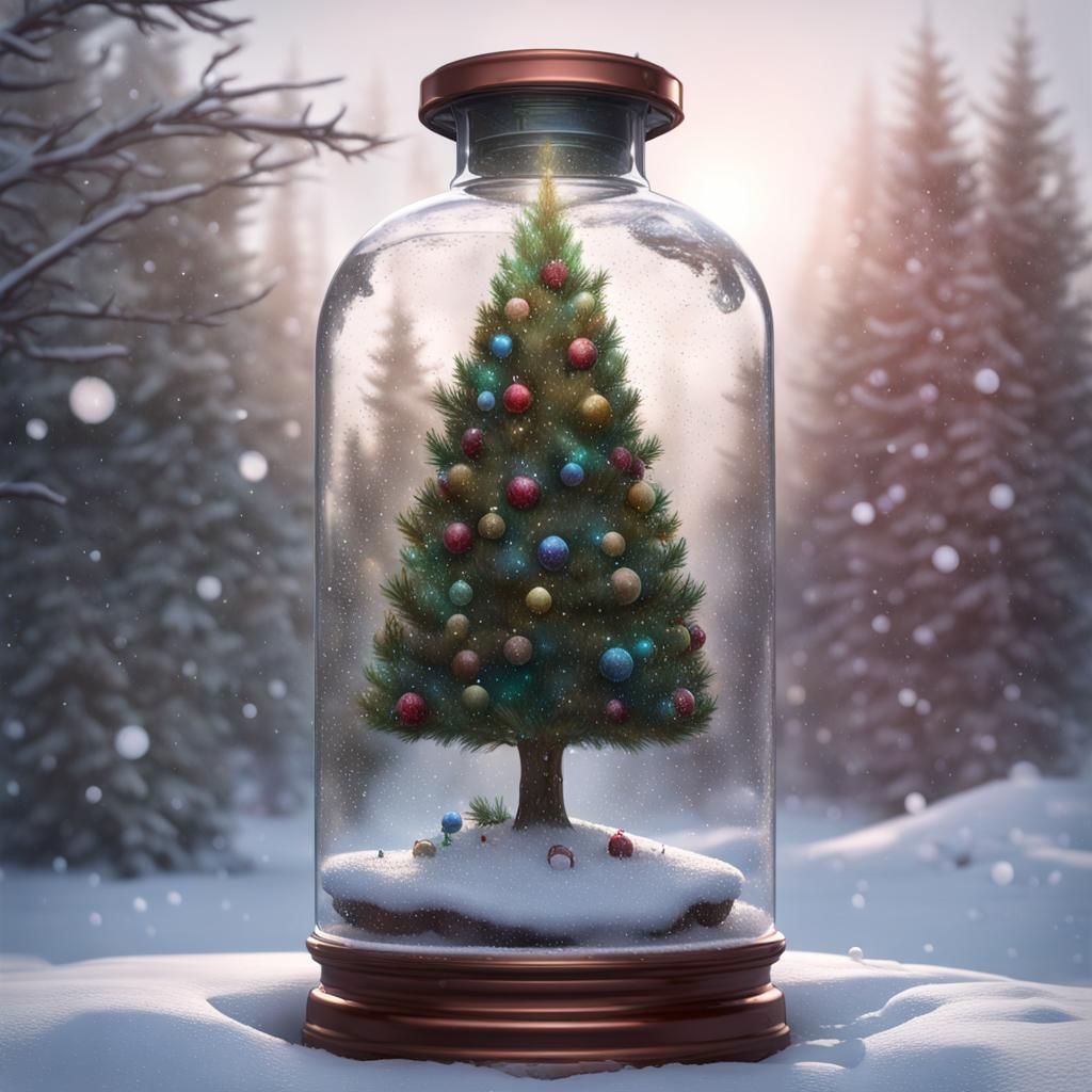 Christmas Tree in a Bottle with Falling Snow