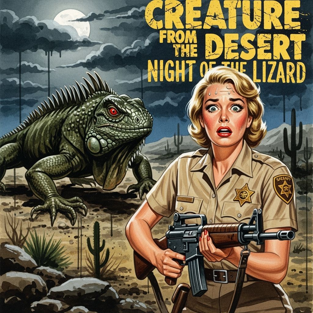Terrified Deputy Confronts Desert Iguana in Watercolor Style