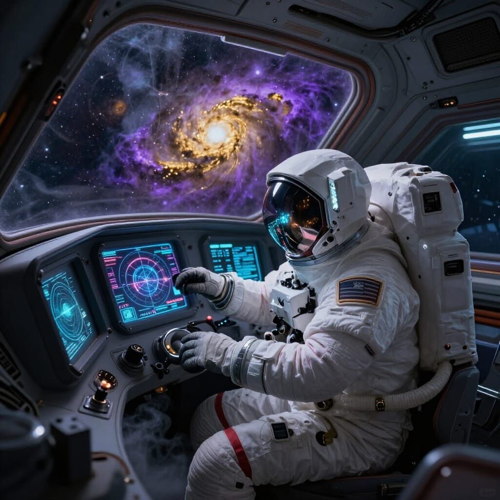 Futuristic Astronaut Navigates Nebula in Sci-Fi Art