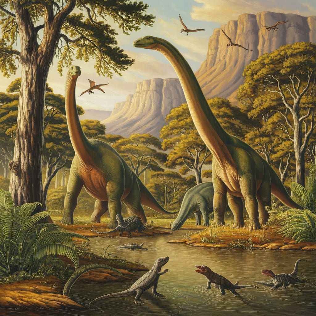 Jurassic Giants in Golden Light: An Oil Painting