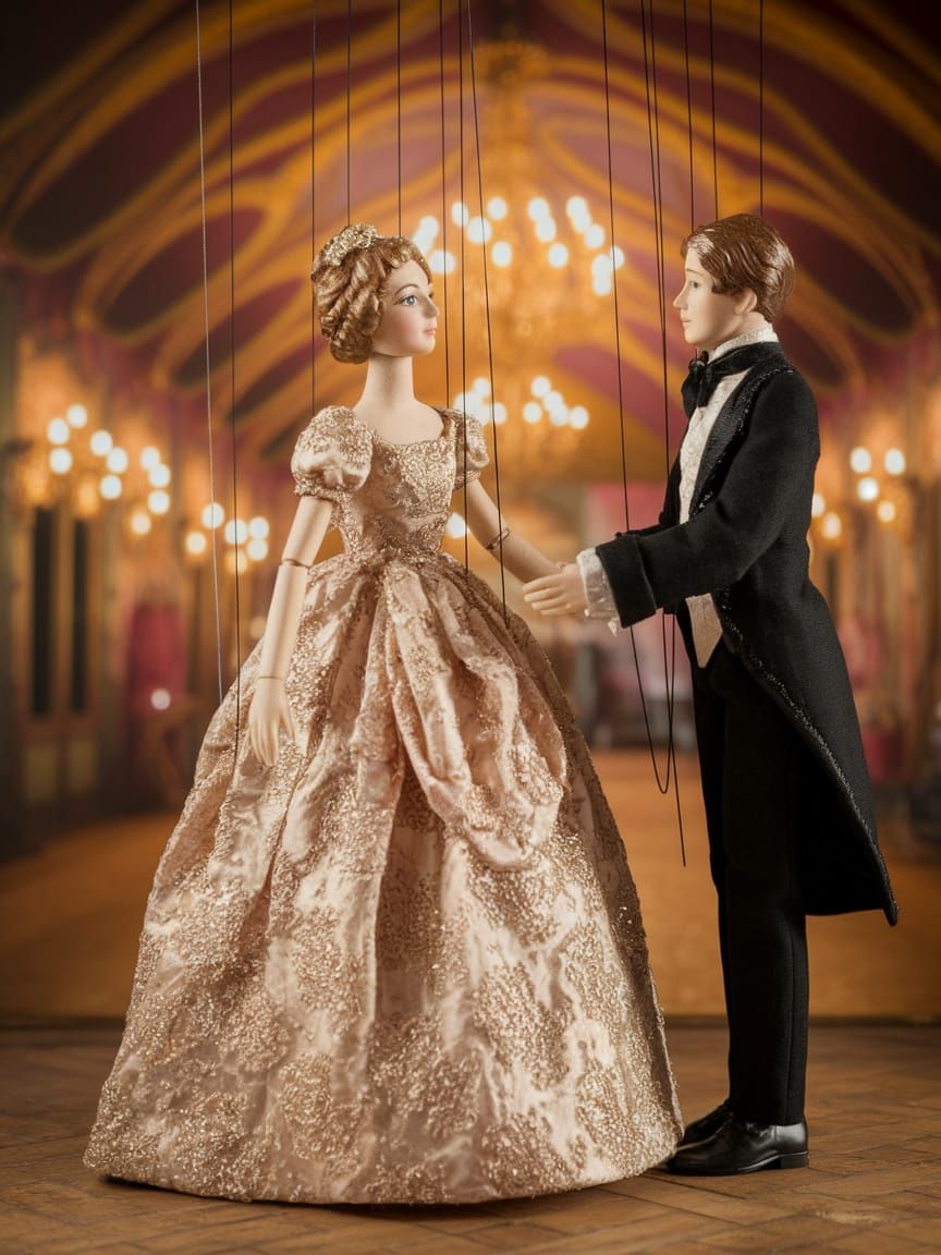 Elegant Marionette Couple in Whimsical Puppet Show Box