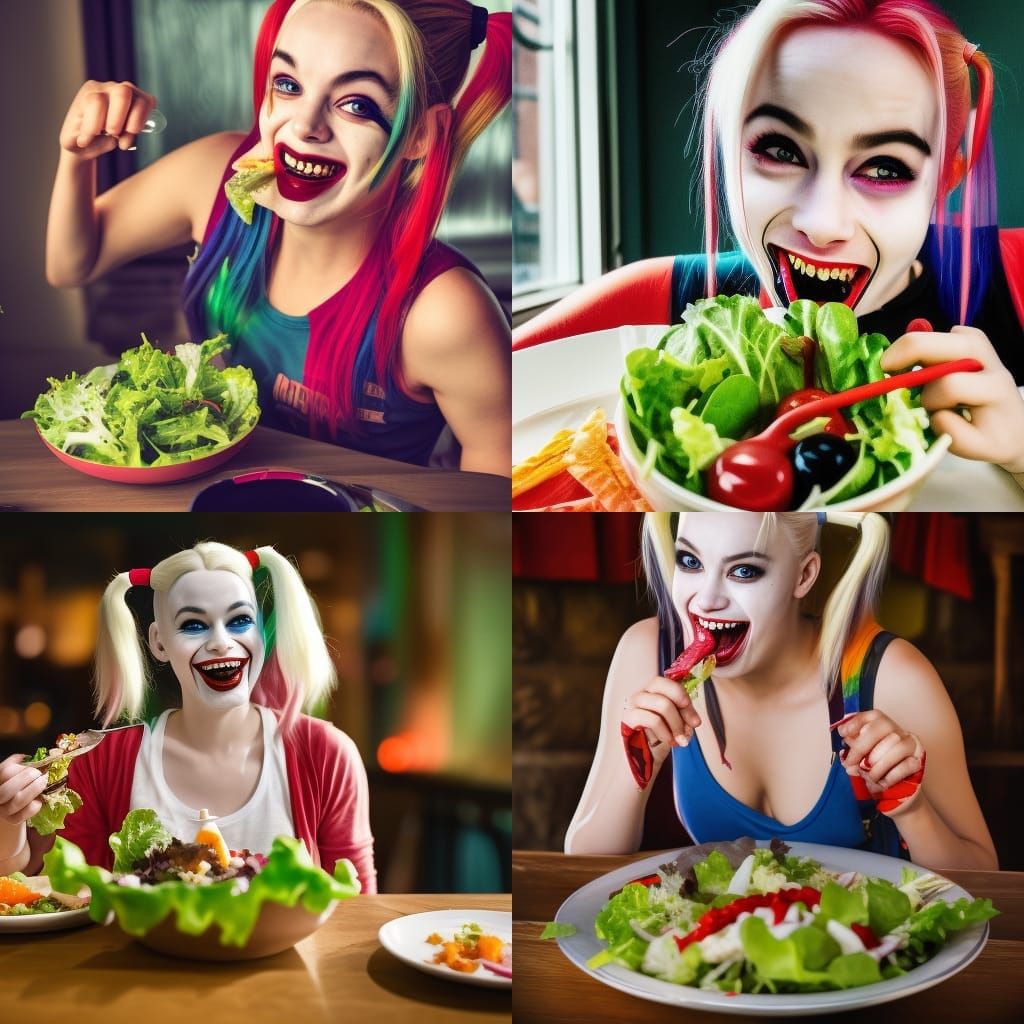 Harley Quinn Laughing and Eating Salad