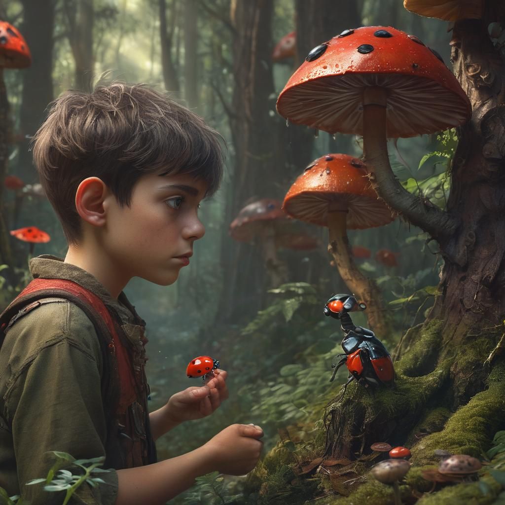 Boy and Ladybug in Mystical Forest, Fantasy Concept Art
