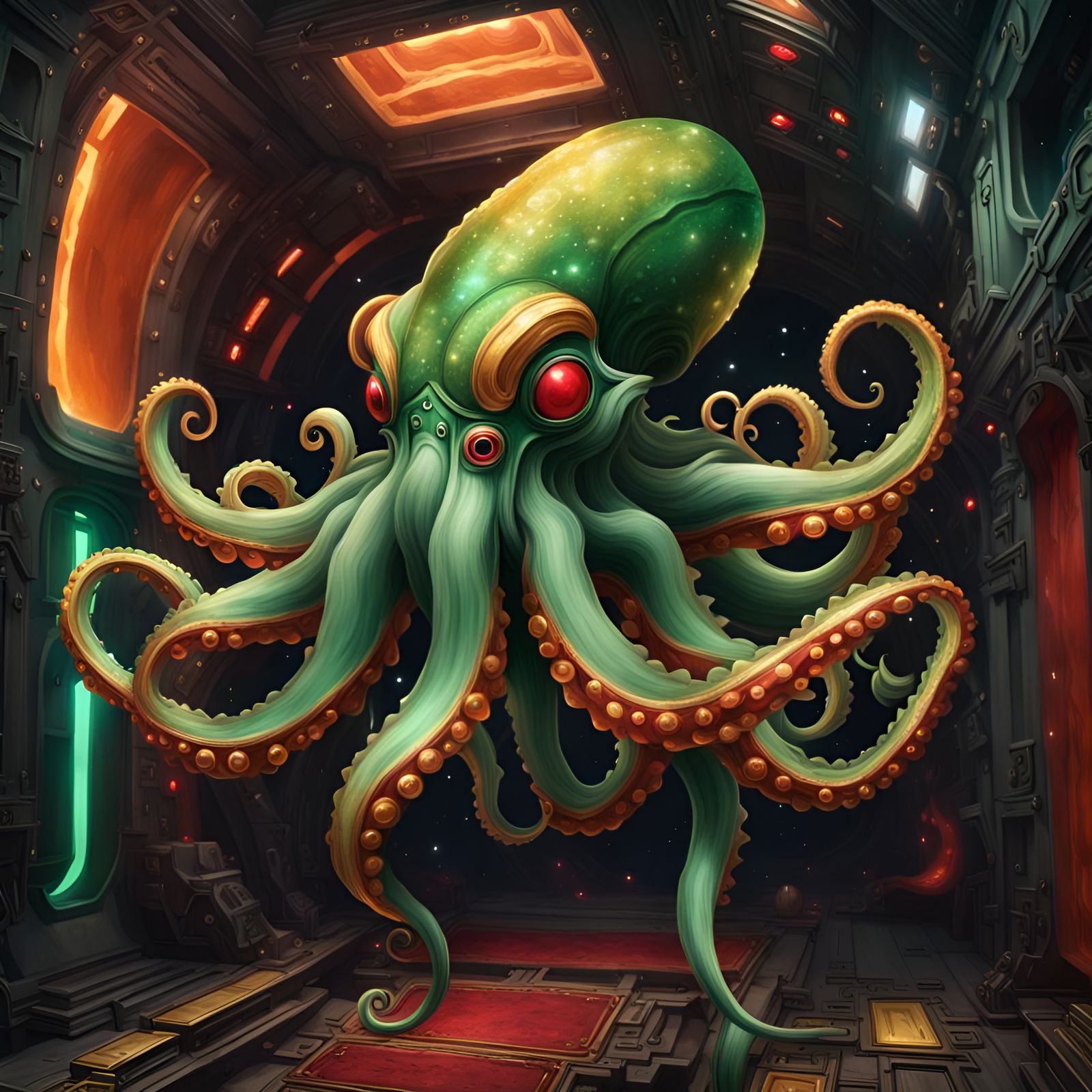 Red, Gold, and Green Kraken in Space