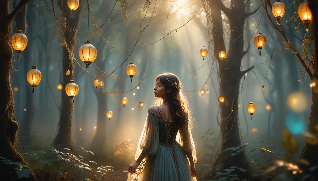 Mystical Forest Traveler at Sunset in Ethereal Fantasy