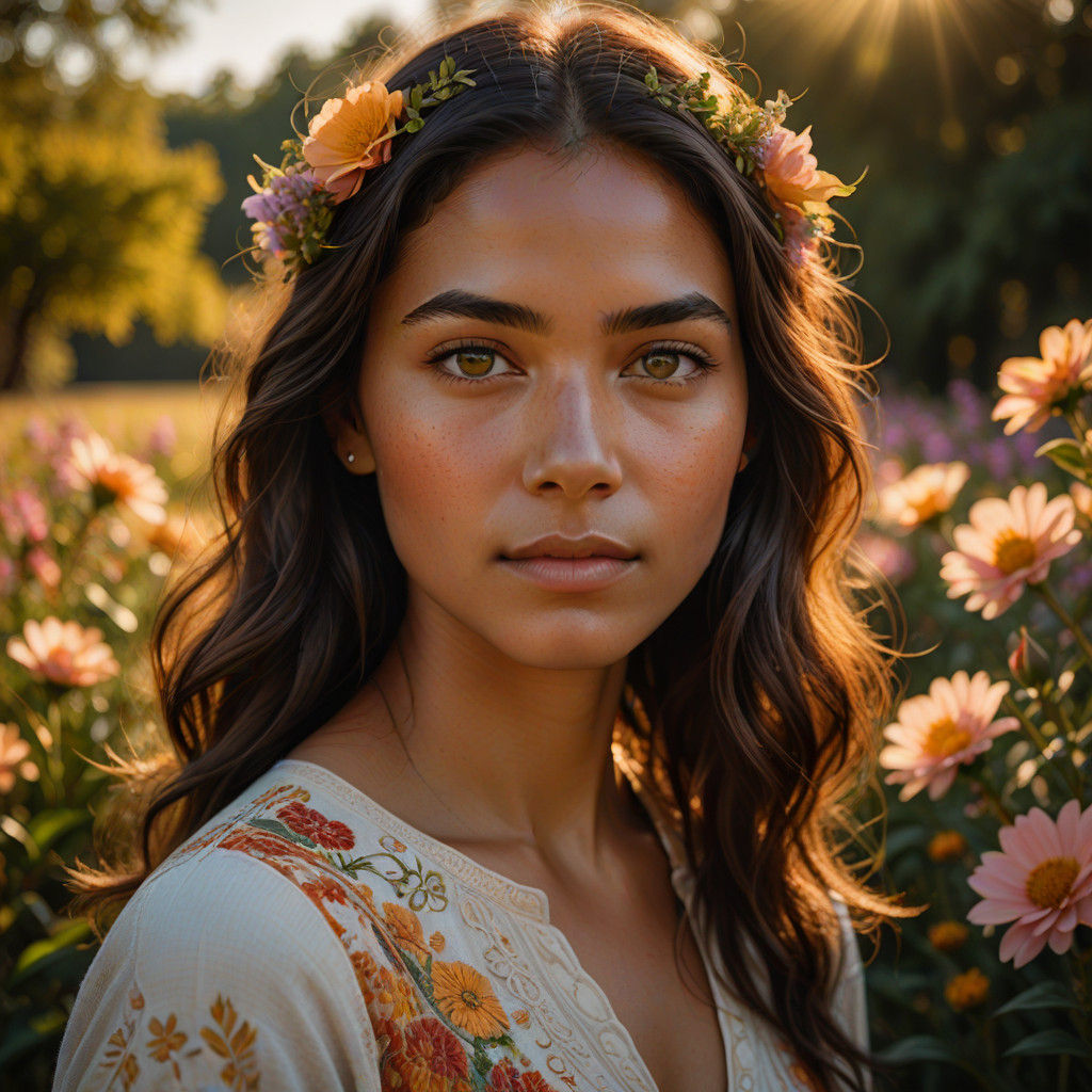 Hyperrealistic Portrait of a Radiant Woman in a Serene Outdo...