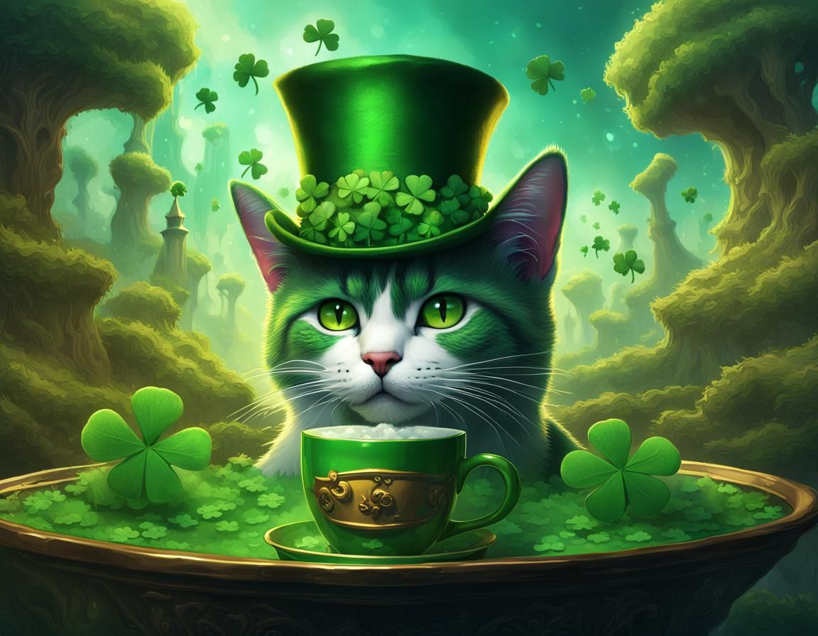 Leprechaun Cat Sipping Latte, Digital Art