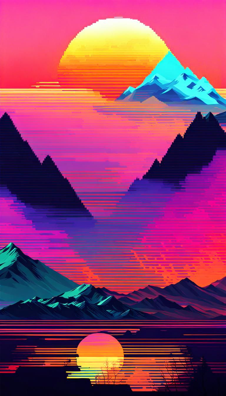 Glitch Art Sunset Mountain Landscape