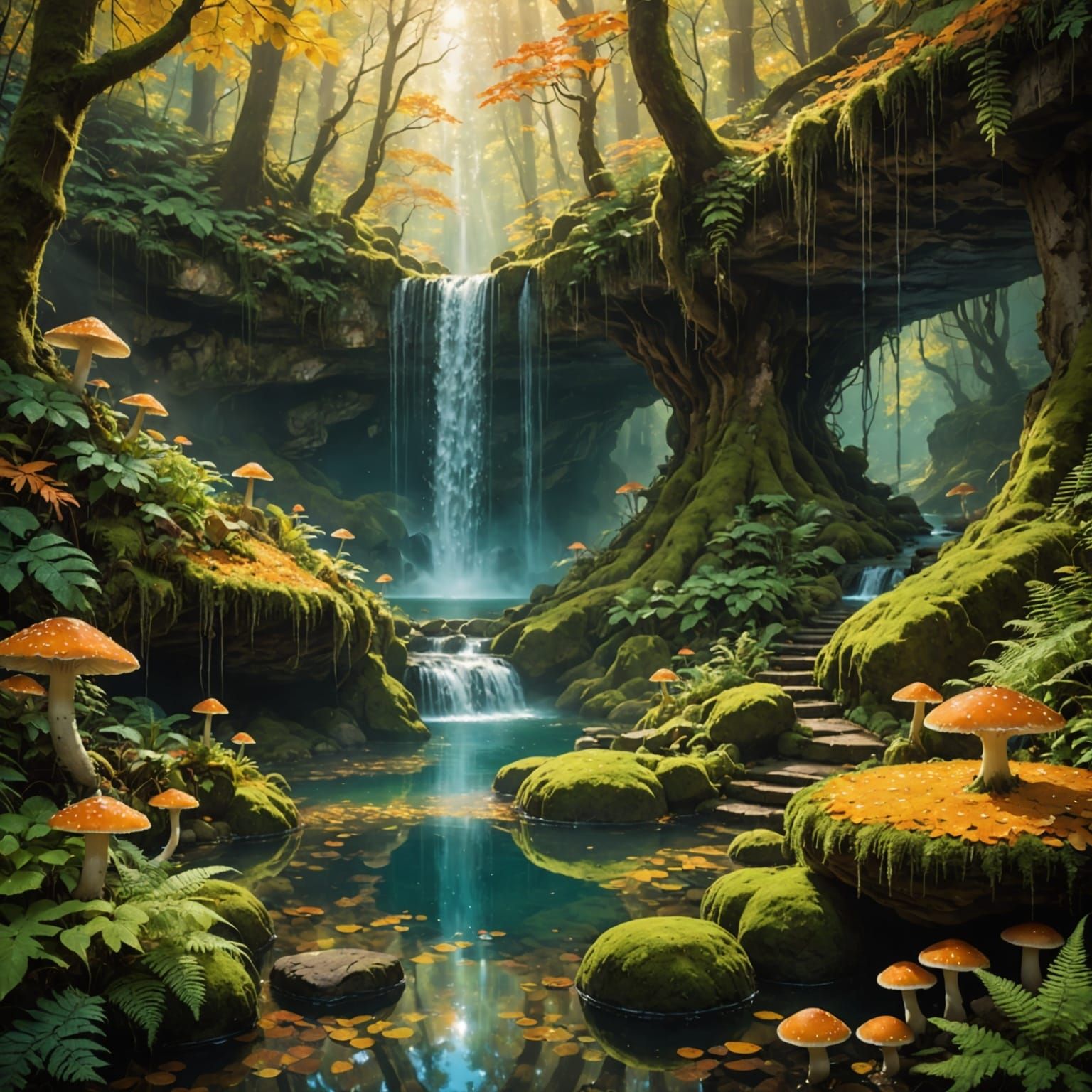 Enchanted Grotto Waterfall with Ethereal Mist