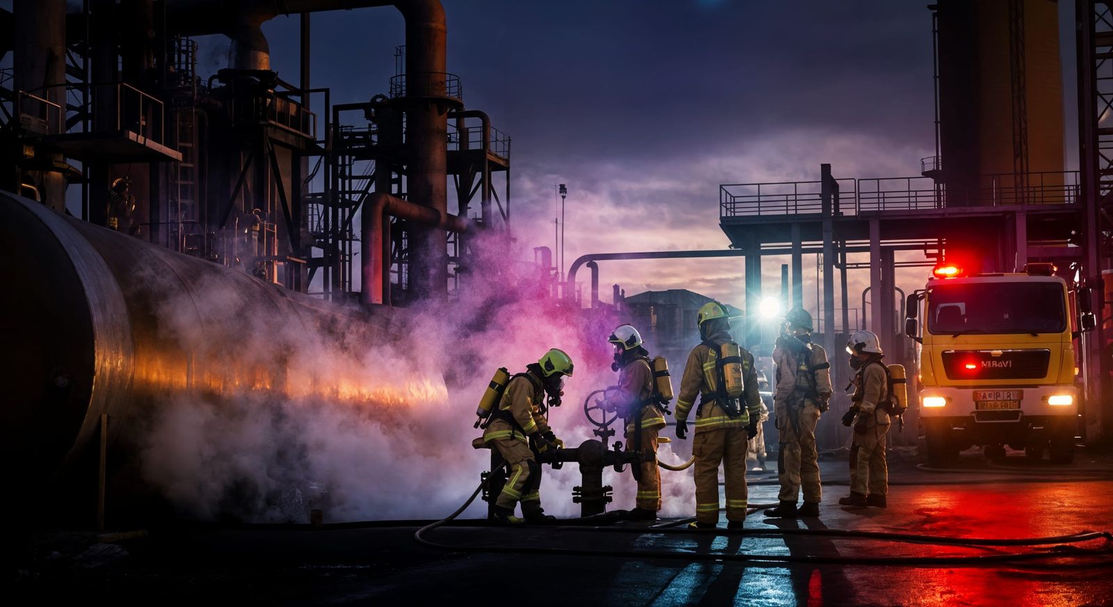 Firefighters in Hazardous Duty at Dusk