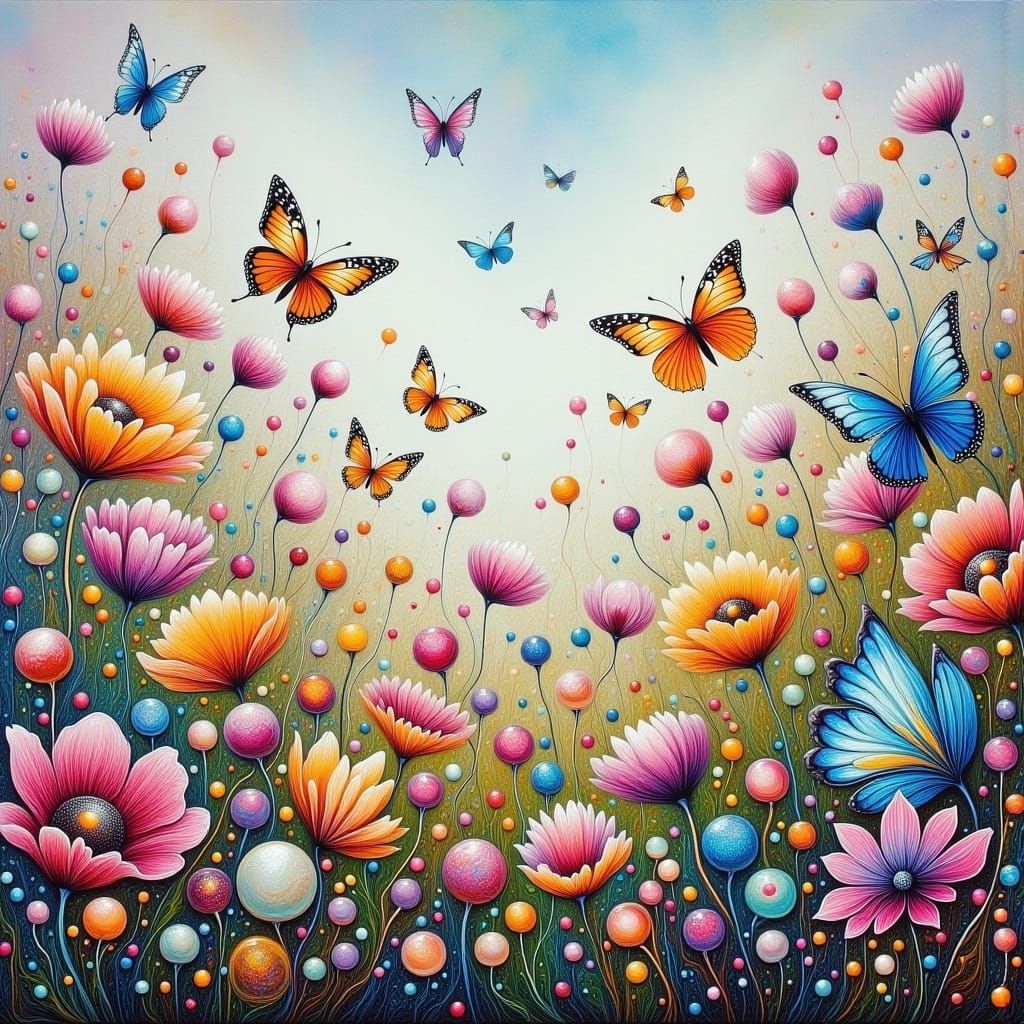 Fluid Art Meadow with Flowers and Butterflies