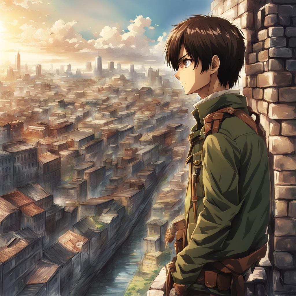 Eren Yeager Surveys the City in Anime Style
