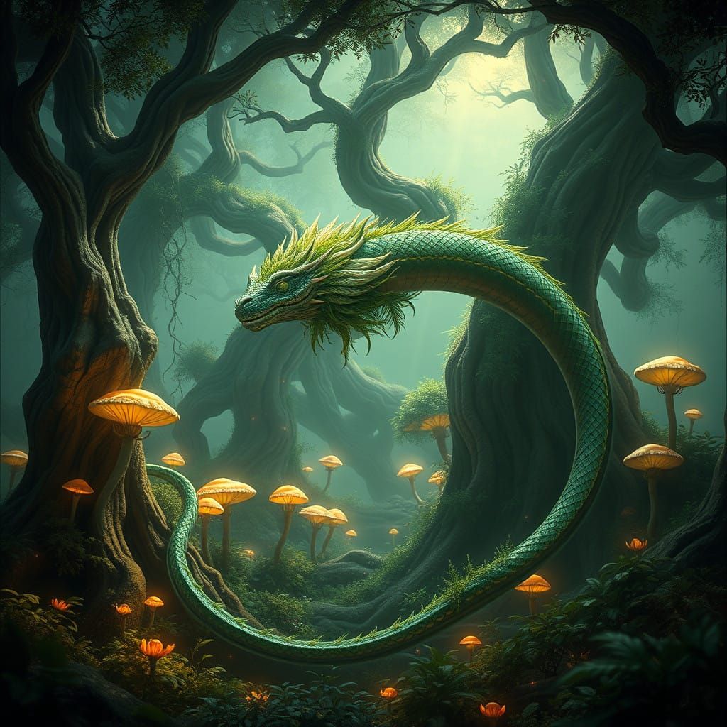 Mythical Forest Serpent in Iridescent Hues with Ethereal Atm...