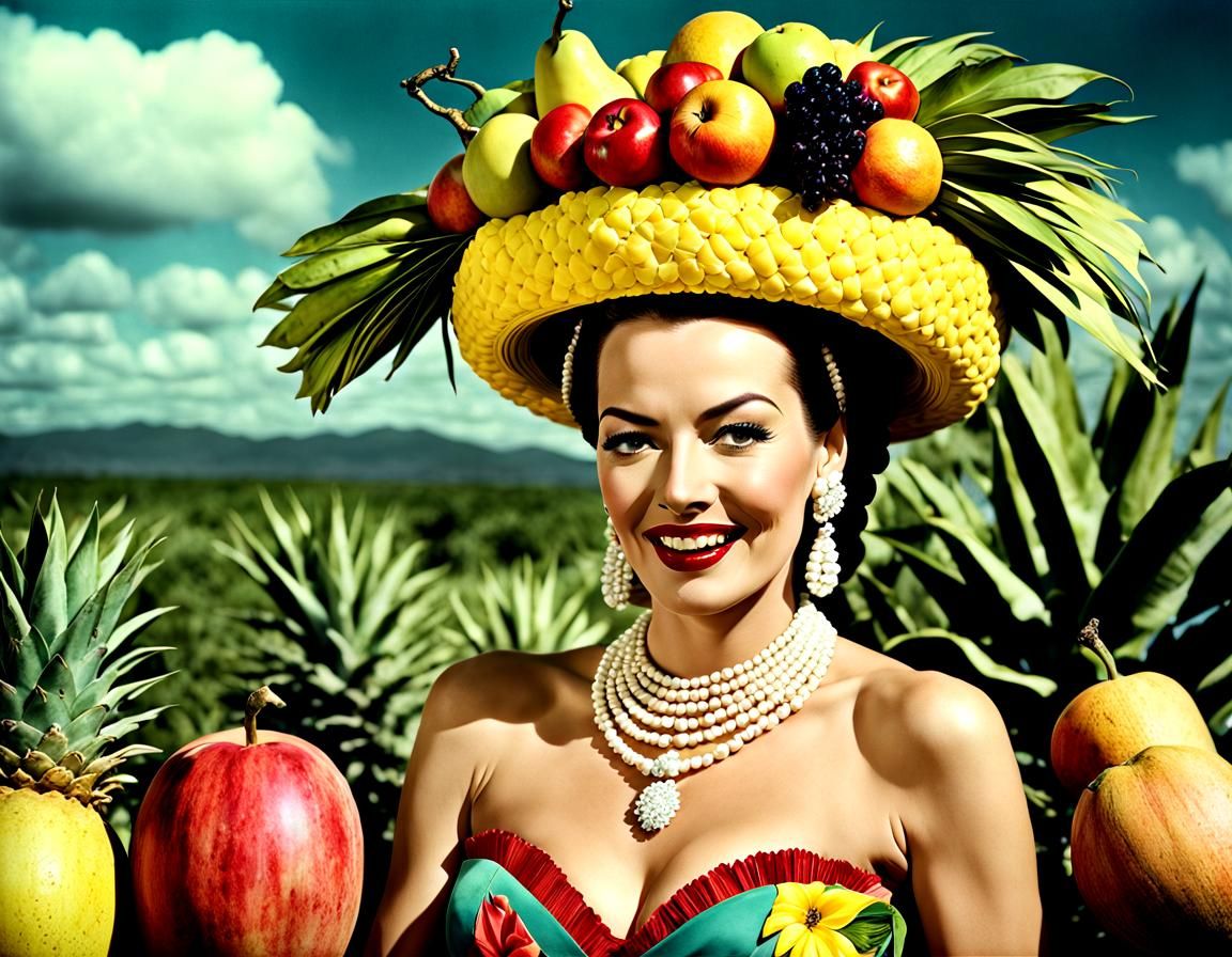 Hand tinted portrait of Carmen Miranda, wearing a fruit hat, Cinematic film still, shot on v-raptor XL, film grain, vign...