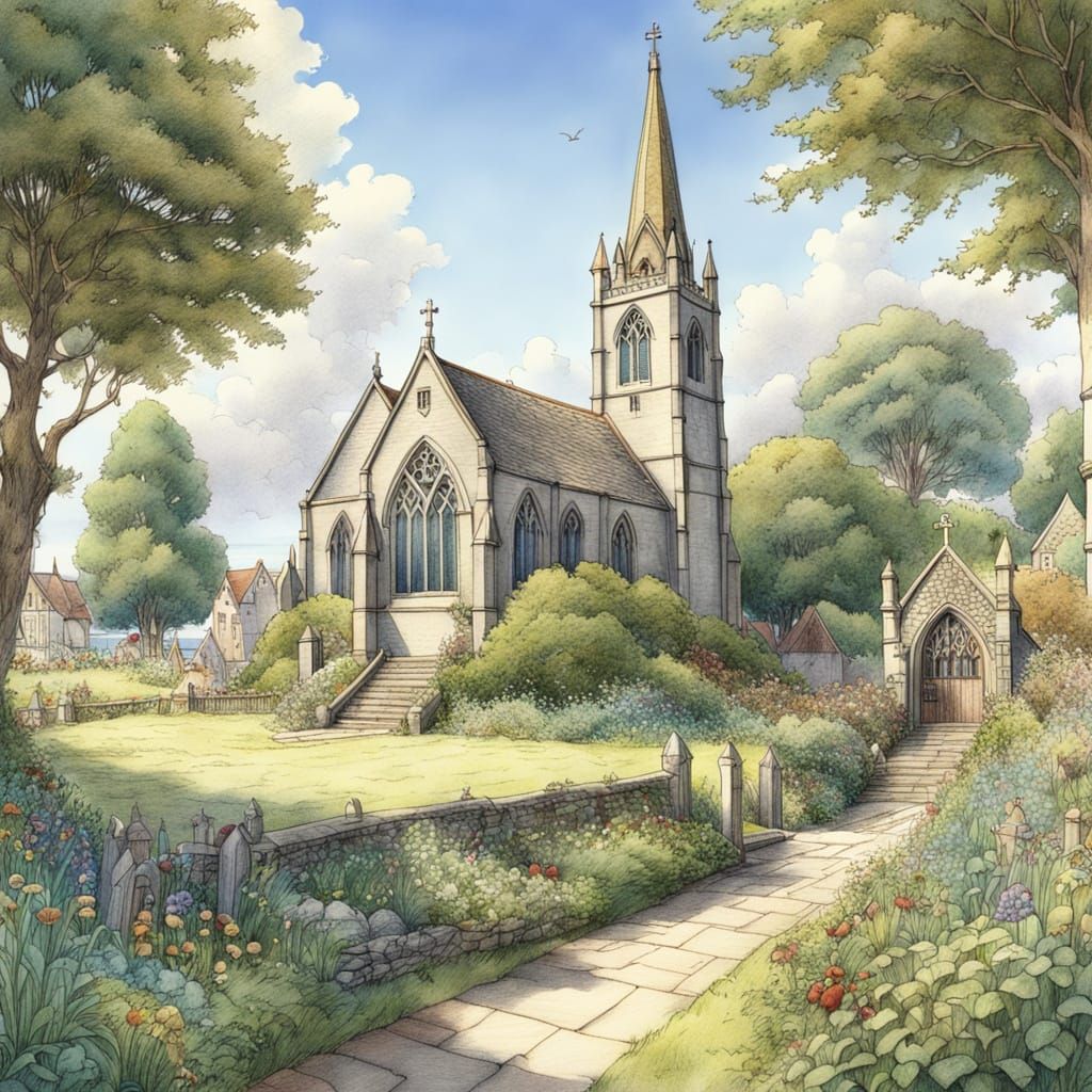 Idyllic Churchyard Pencil Drawing in Brambly Hedge Style