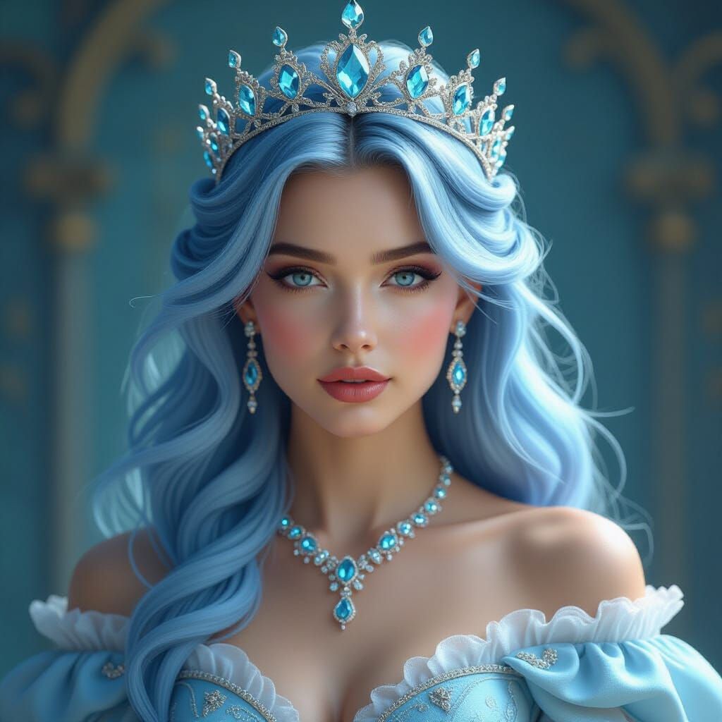 Regal Woman in Glass Crown with Blue Hair