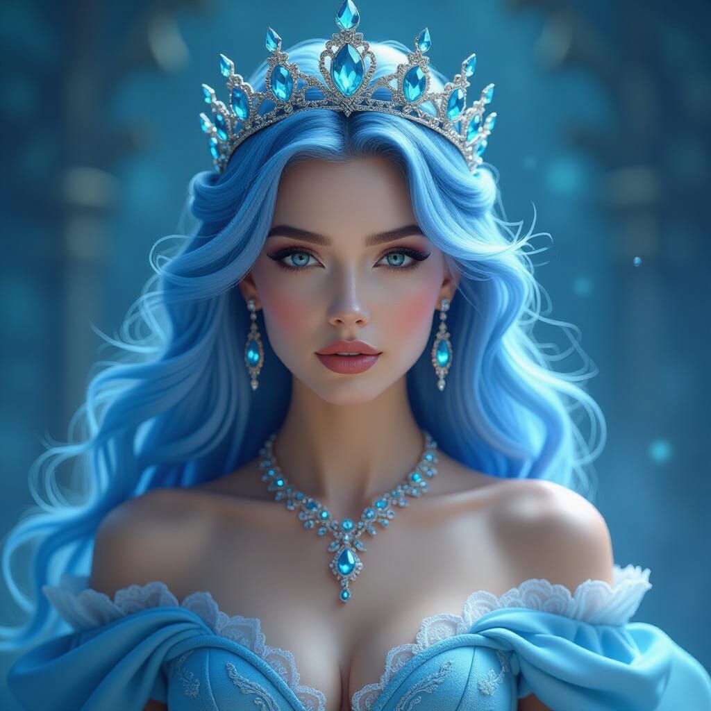 Regal Woman in Flowing Dress with Glass Crown