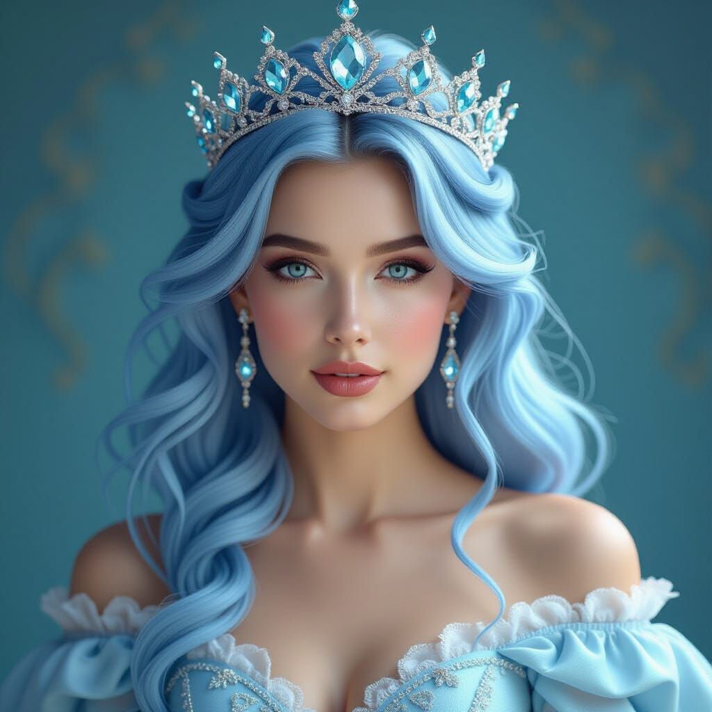 Regal Woman in Glass Crown with Blue Hair