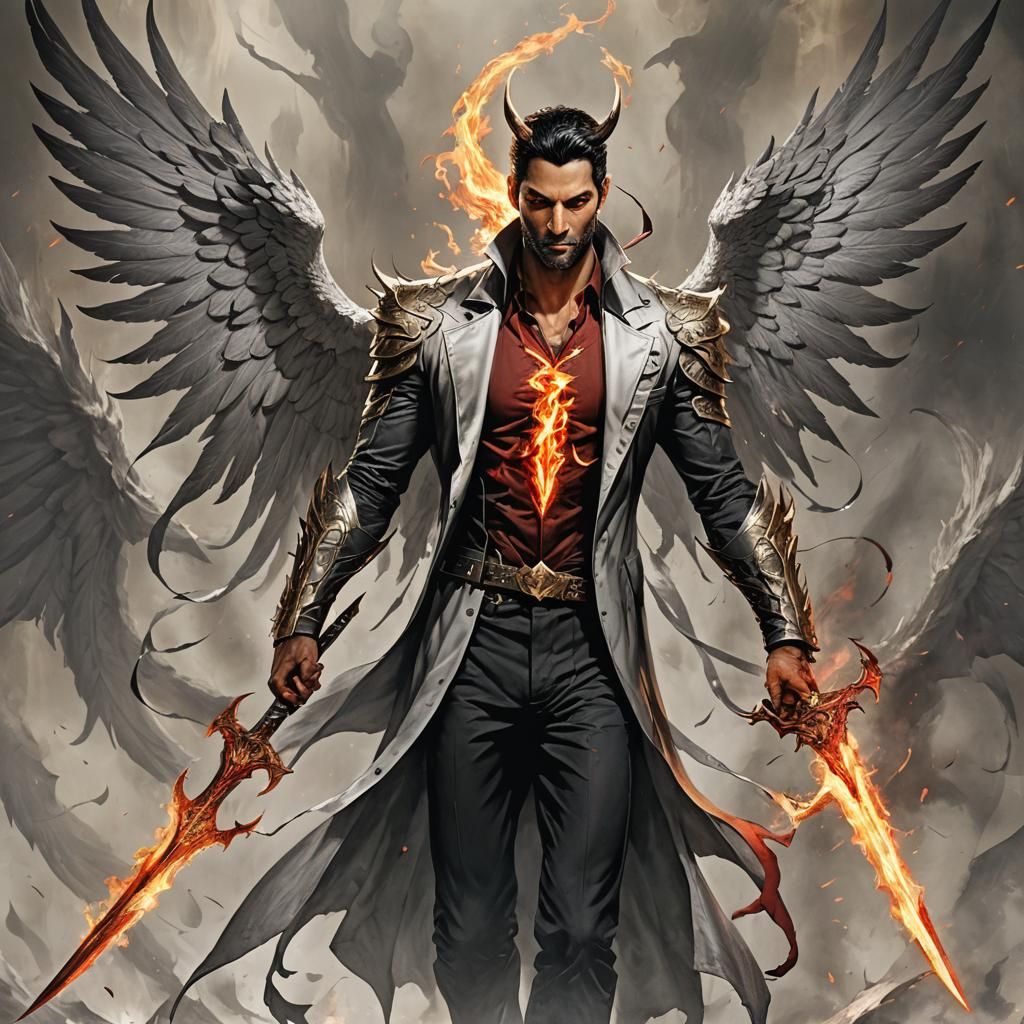 Lucifer Morningstar with Angelic Wings and Flaming Blade