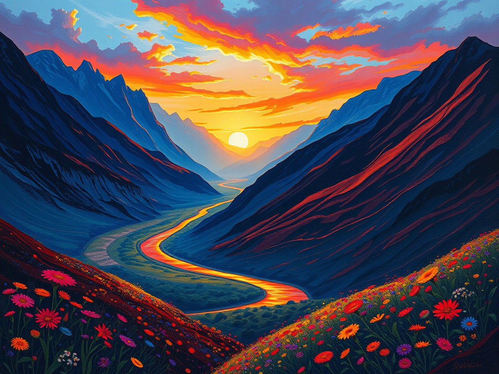 Vibrant Mountain Landscape in Impressionist Style