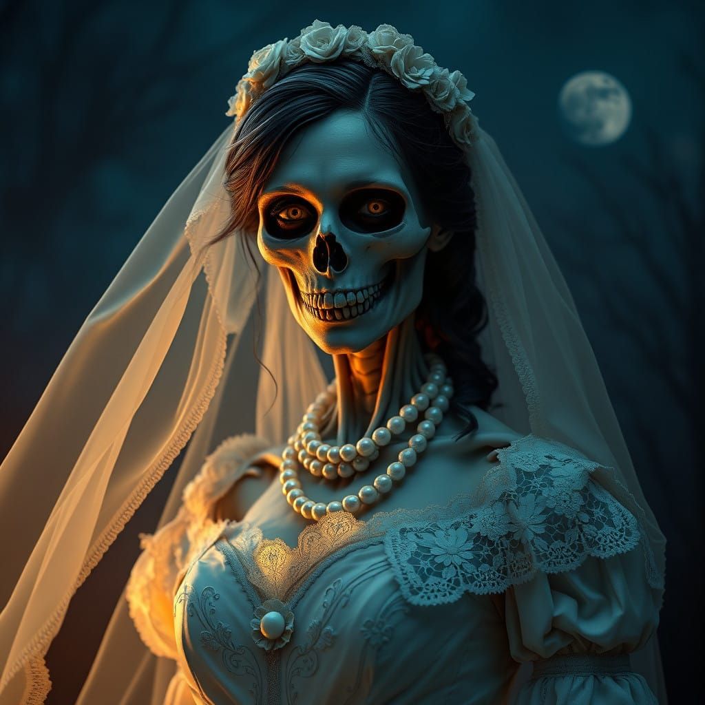 Ethereal Victorian Zombie Bride in Haunting, Hyperrealistic....