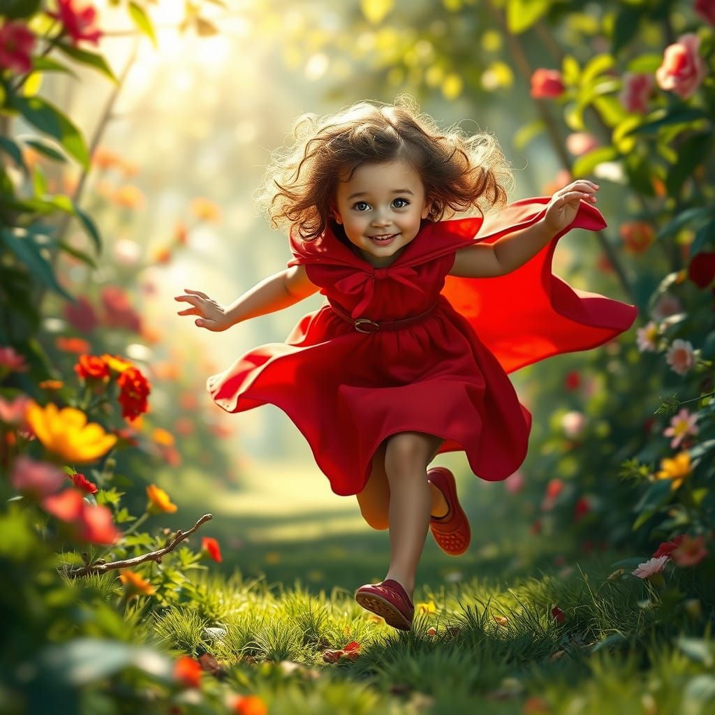 Whimsical Girl Runs in Vibrant Garden with Blurred Flowers