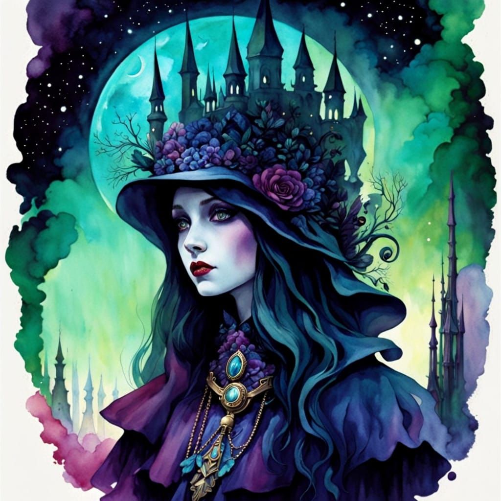 Spooky Whimsy Time-Slip Landscape in Watercolor Style