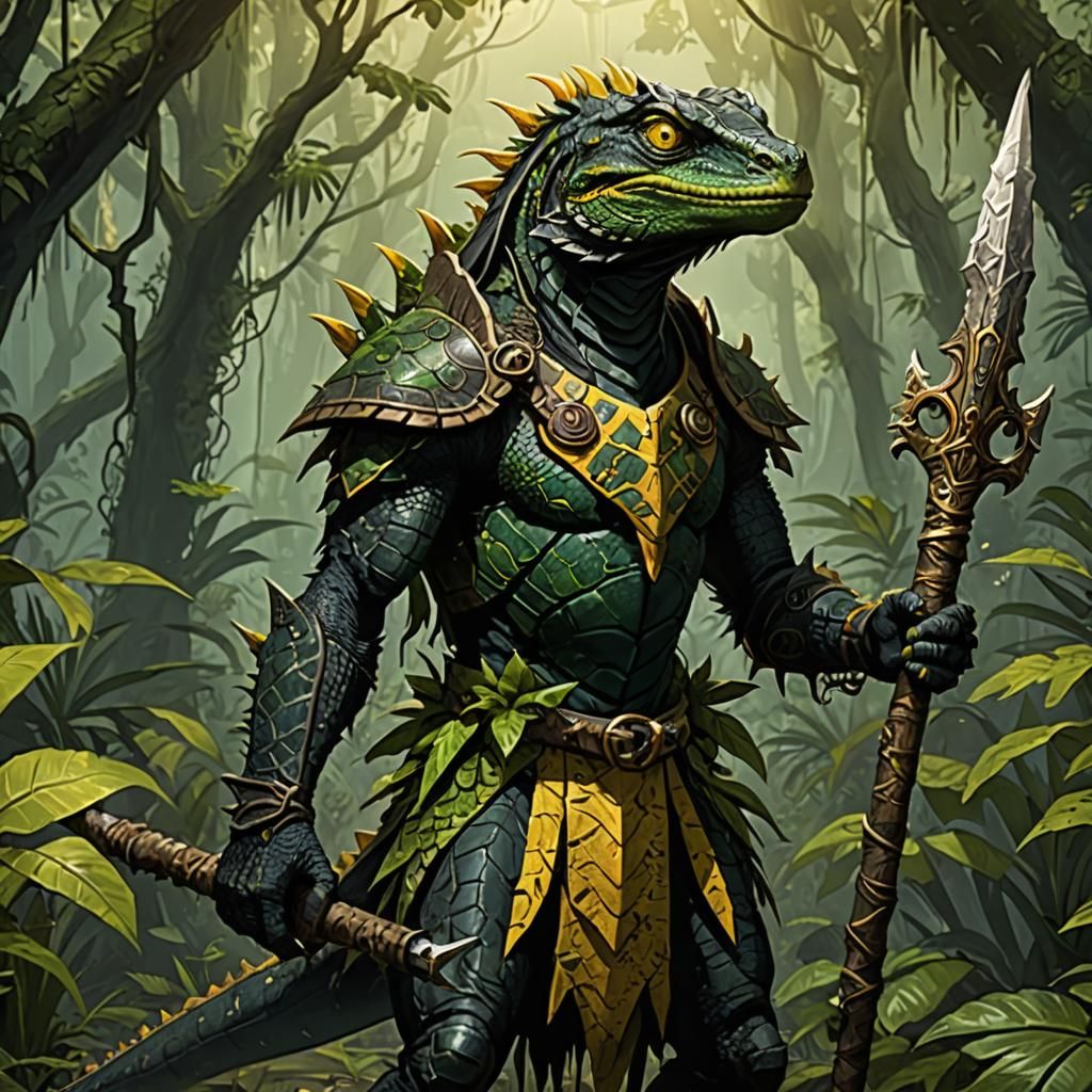Jungle Druid: Black-Scaled Lizardfolk with Staff
