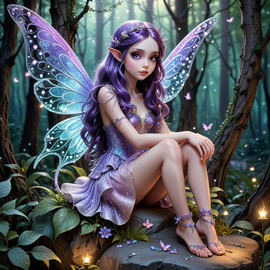 Lilac Fairy Amidst Whimsical Forest Glow