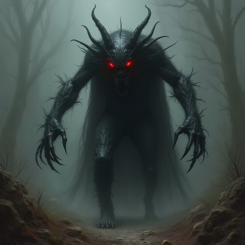 Towering, Gaunt Demon Prowls in Dark, Distorted Dreamscape