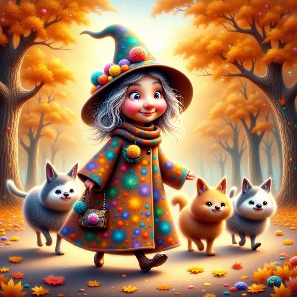 Whimsical Old Lady Leads Cat Parade in Autumn