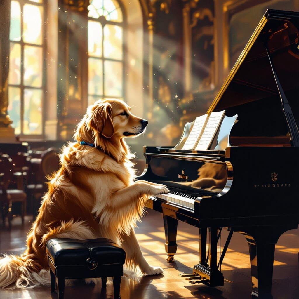 Golden Retriever Plays Piano in Opulent Hall