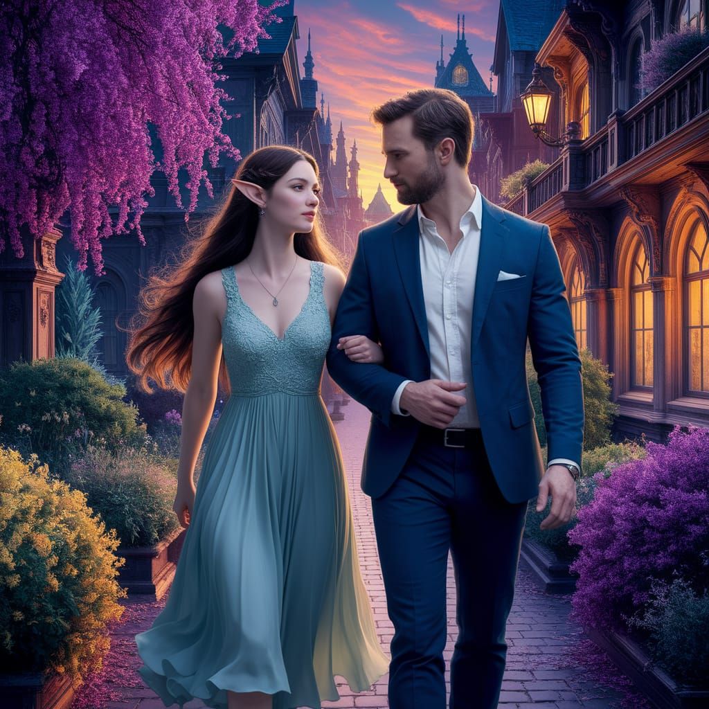 Elven Woman and Human Man in City at Dusk
