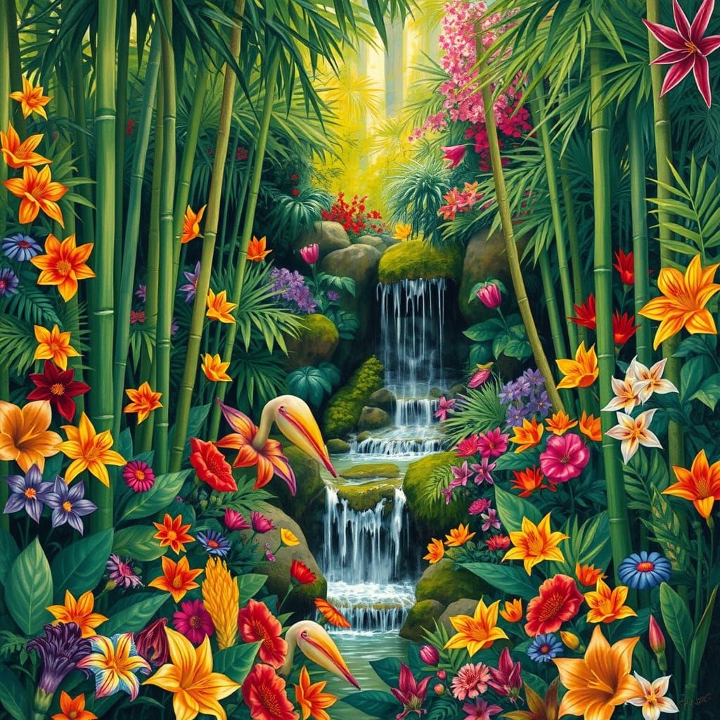 Tropical Paradise Garden with Bamboo and Waterfall