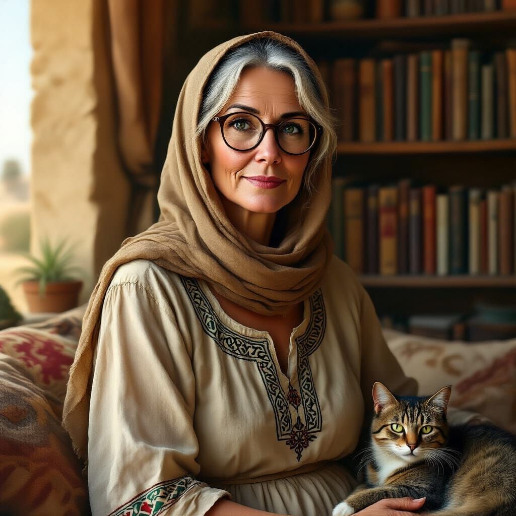 Dutch Woman in Middle East Home with Books and Cat