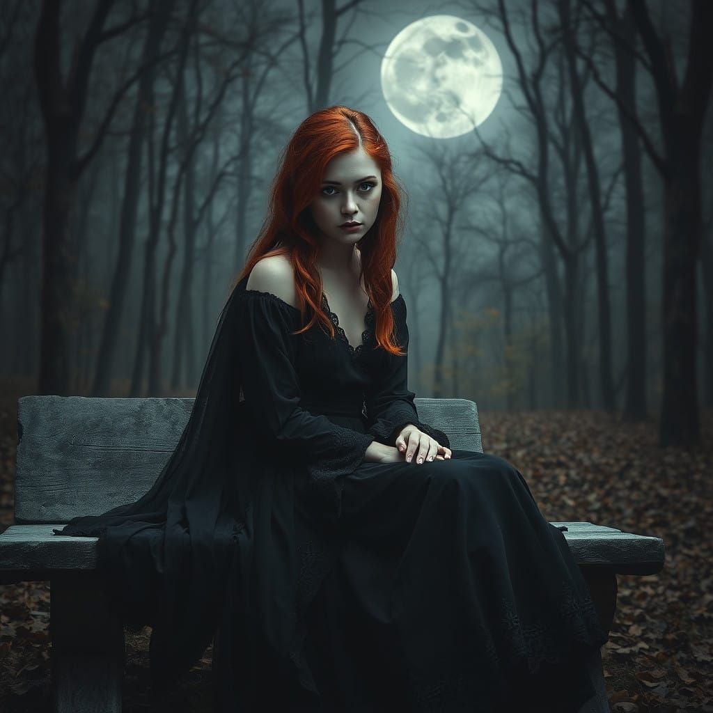 Ethereal, Moonlit Portrait of a Melancholic Woman in Autumna...