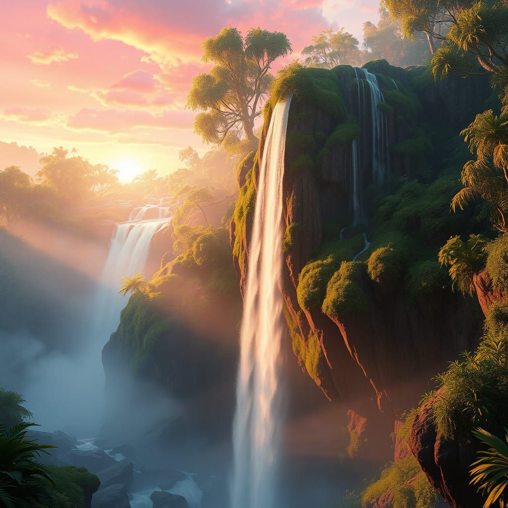 Mystical Jungle Waterfall in Vibrant Sunset Hues