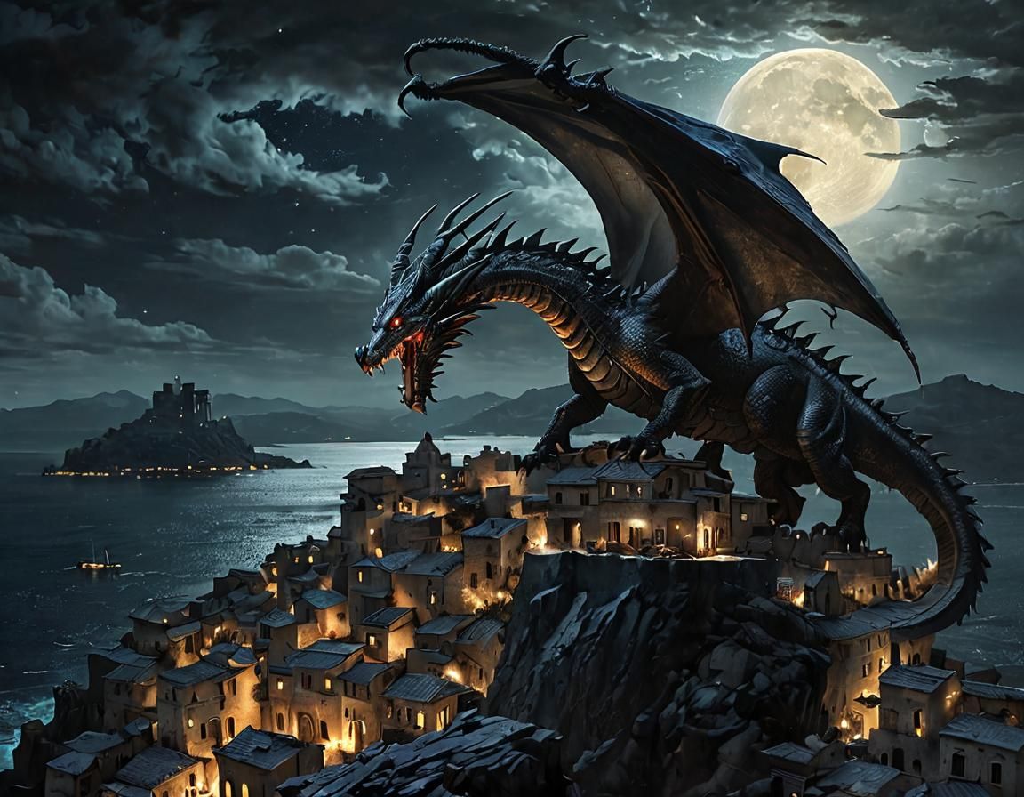 Dragon Over Mediterranean Town in Dark Fantasy Style