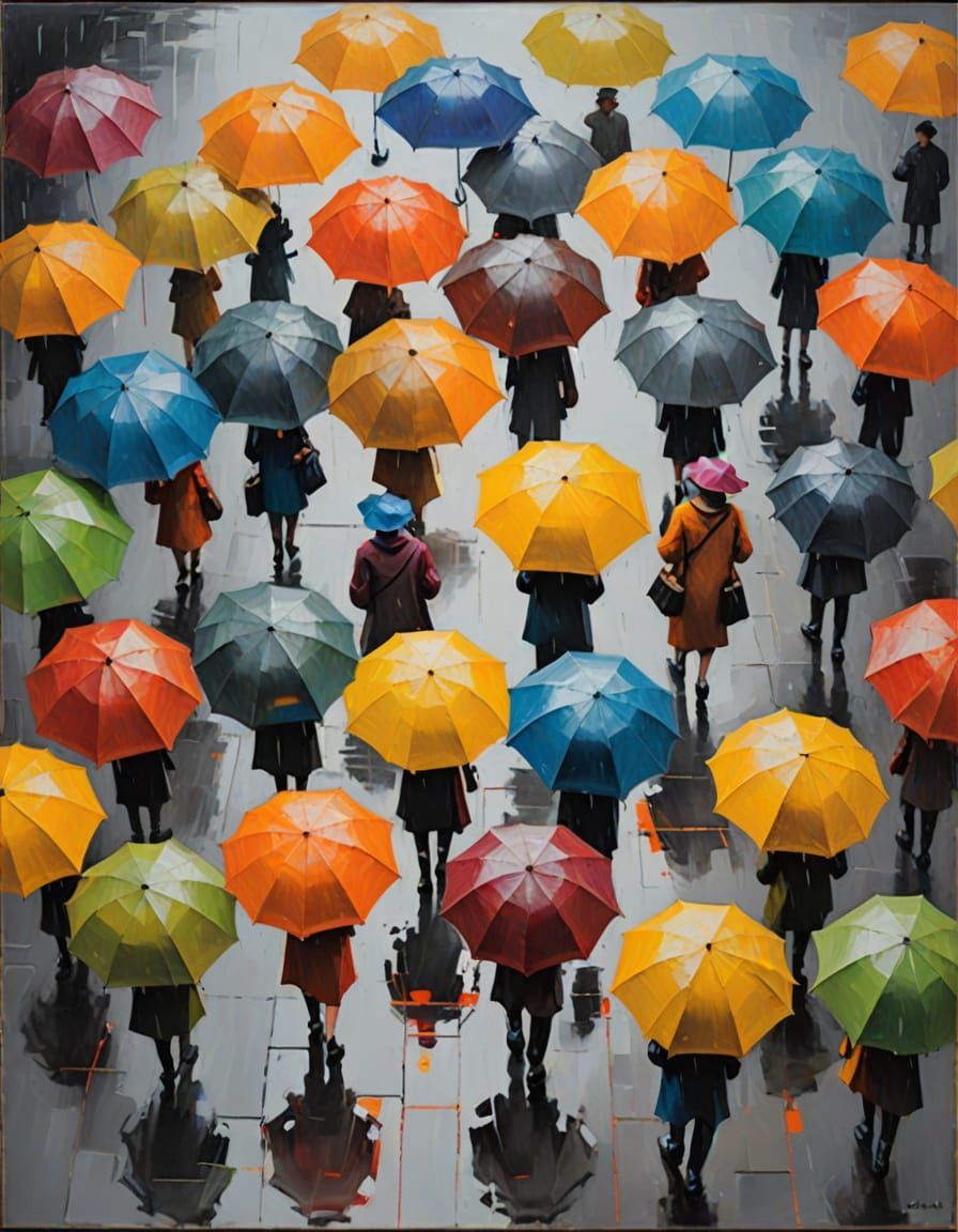 Abstract Impressionist People with Umbrellas in Color Field