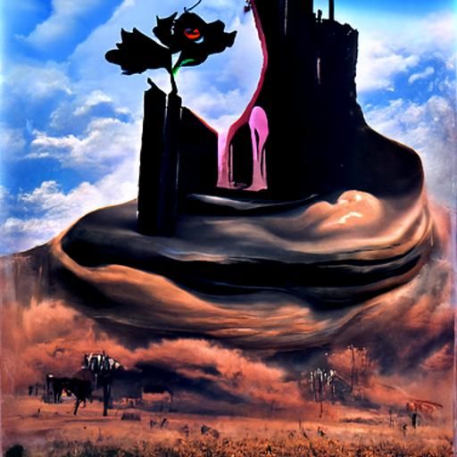 Dark Tower in Rose Field: Surreal Oil Painting