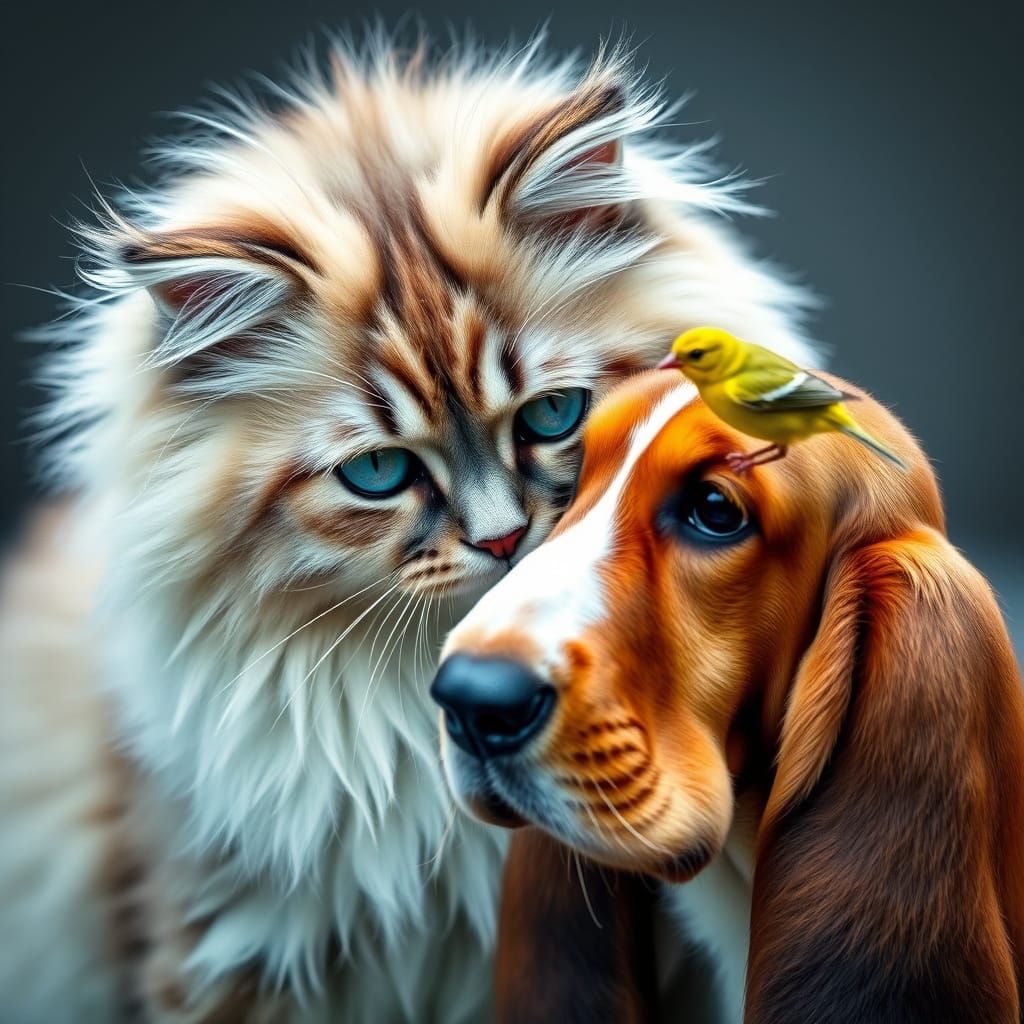 Siberian Cat and Basset Hound Puppy Portrait