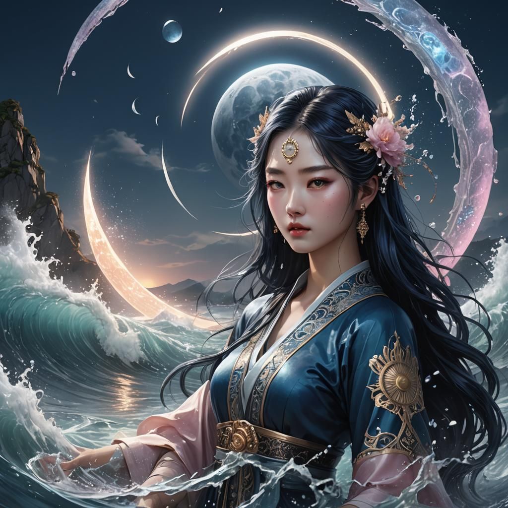 Korean Water Goddess with Moon Aura, Fantasy Art