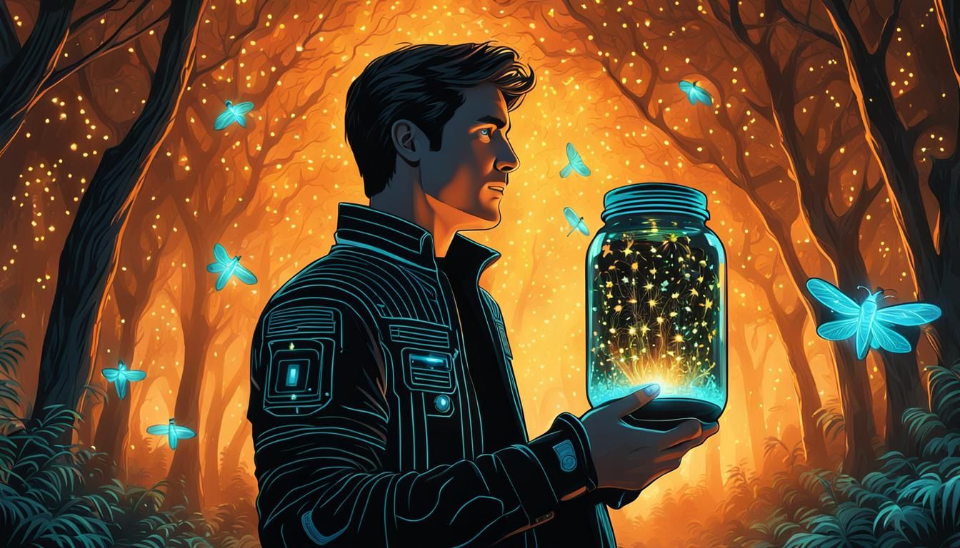 Sam Flynn with Fireflies in Tron Style City